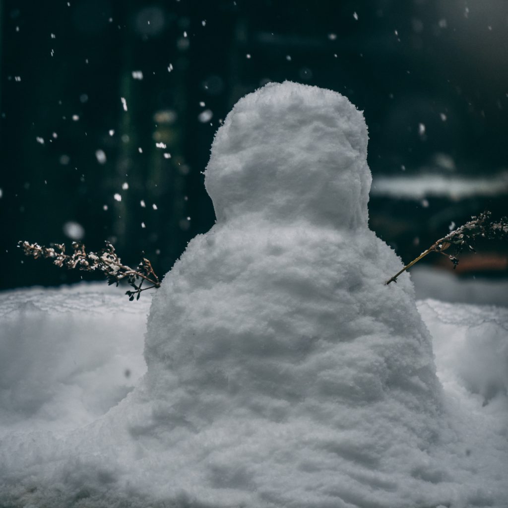 Small snowman holding twig arms during falling snow