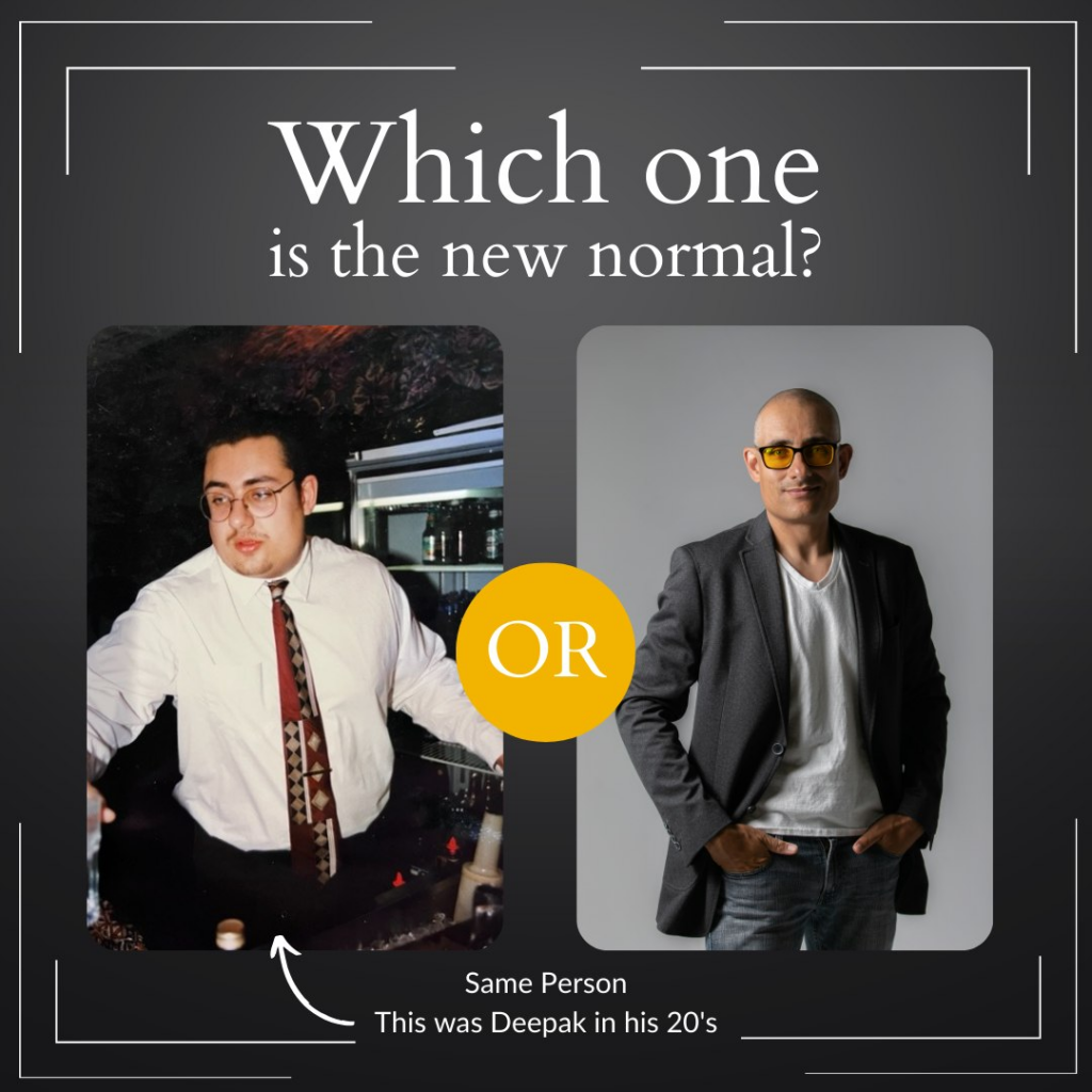 Before-and-after portraits of Deepak in his twenties and today