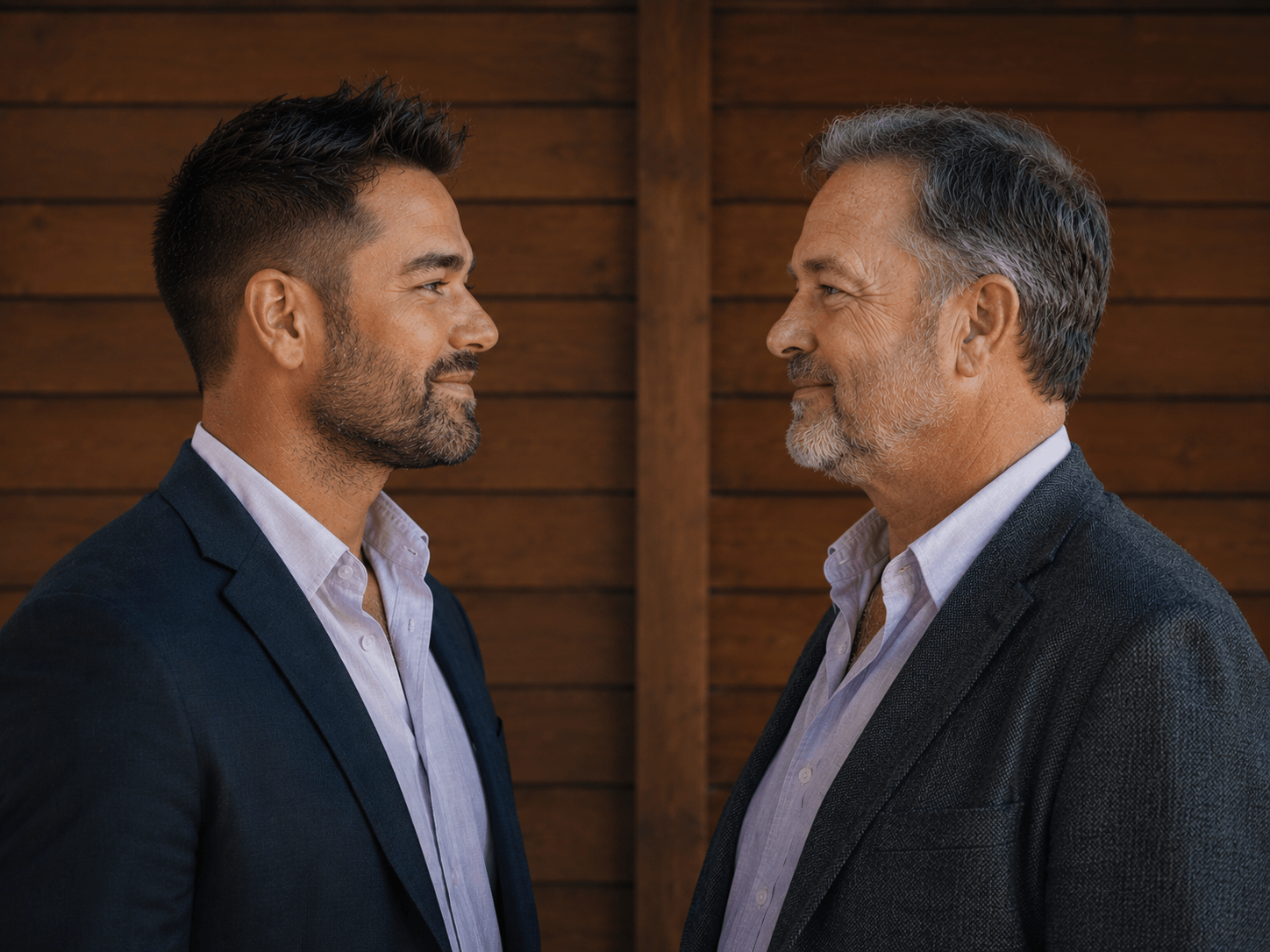 Two men in suits smiling at each other