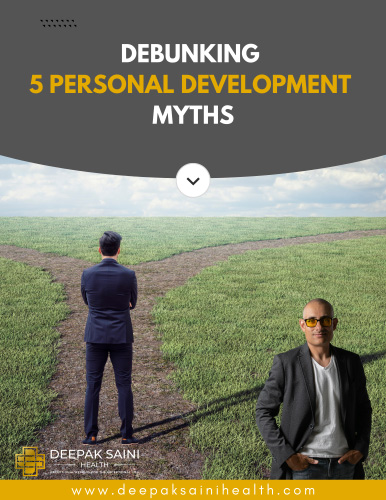 Man at crossroads beneath personal development myths headline