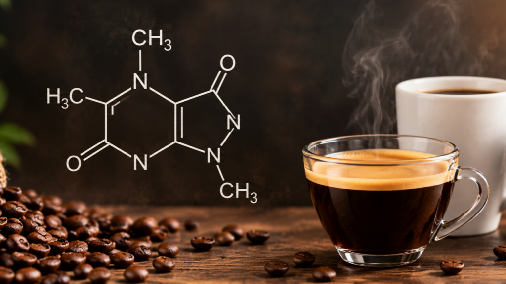 Steaming espresso beside caffeine chemical structure and coffee beans