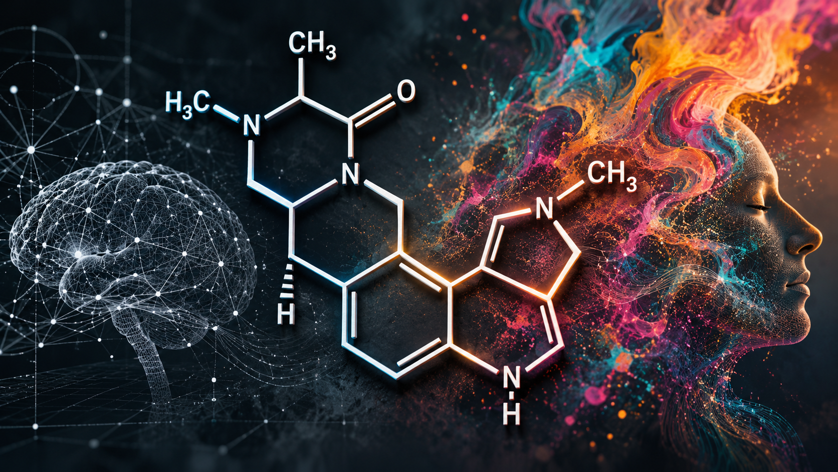 Chemical molecular structure between digital brain and colorful human profile